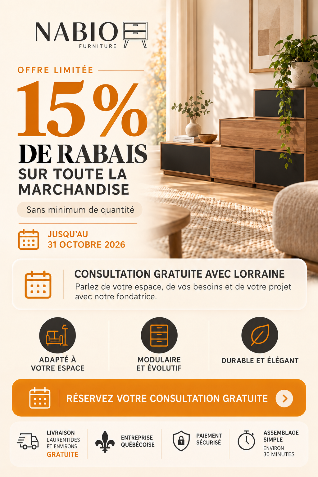 15 % de rabais sur les tiroirs et l'armoire